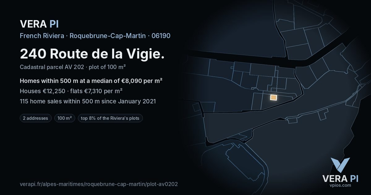 240 Route de la Vigie, Roquebrune-Cap-Martin at night – the plot lit, the parcels around coloured by the prices near them
