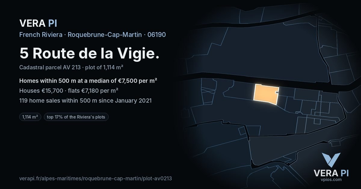 5 Route de la Vigie, Roquebrune-Cap-Martin at night – the plot lit, the parcels around coloured by the prices near them
