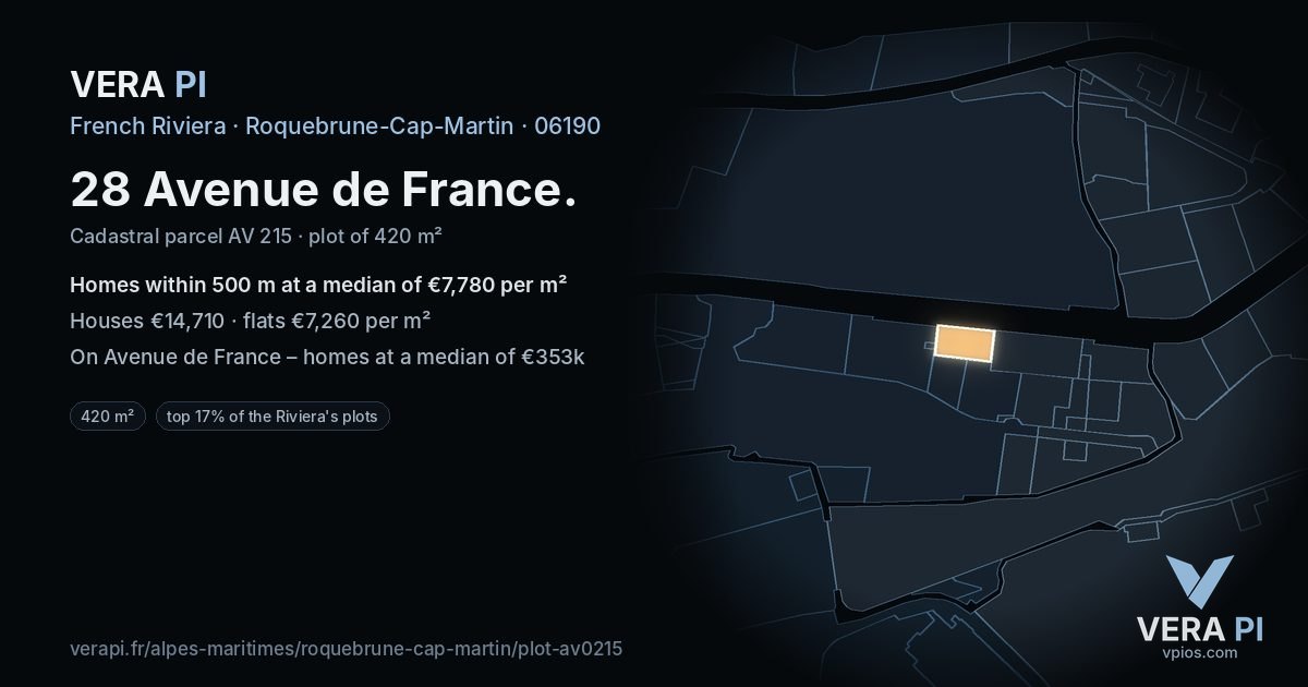 28 Avenue de France, Roquebrune-Cap-Martin at night – the plot lit, the parcels around coloured by the prices near them