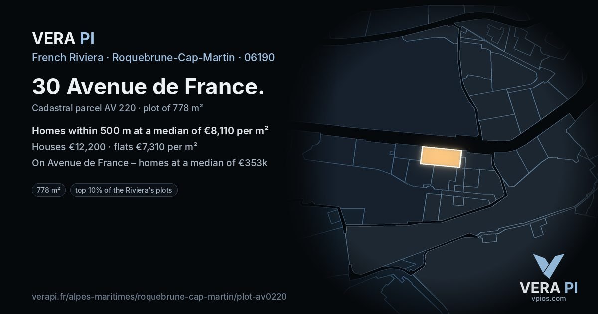 30 Avenue de France, Roquebrune-Cap-Martin at night – the plot lit, the parcels around coloured by the prices near them