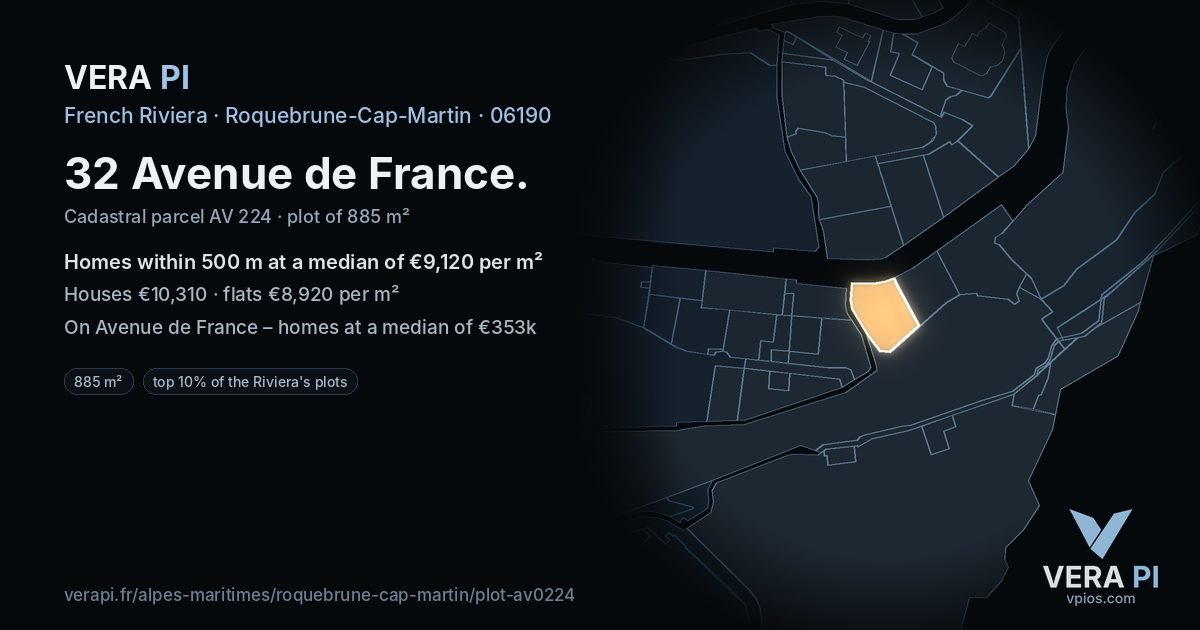 32 Avenue de France, Roquebrune-Cap-Martin at night – the plot lit, the parcels around coloured by the prices near them
