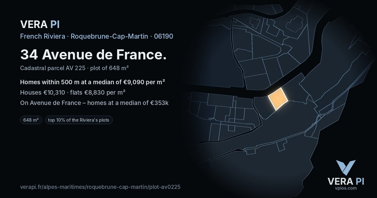 34 Avenue de France, Roquebrune-Cap-Martin at night – the plot lit, the parcels around coloured by the prices near them