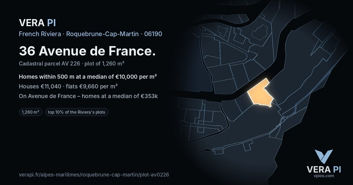 36 Avenue de France, Roquebrune-Cap-Martin at night – the plot lit, the parcels around coloured by the prices near them