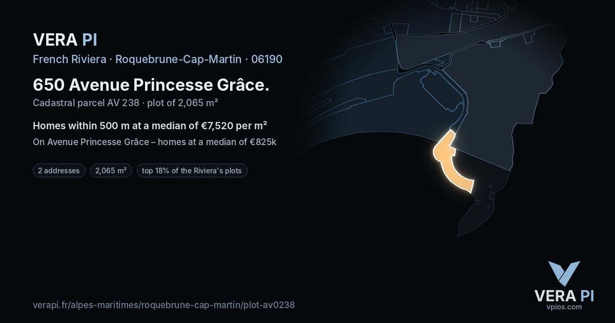 650 Avenue Princesse Grâce, Roquebrune-Cap-Martin at night – the plot lit, the parcels around coloured by the prices near them