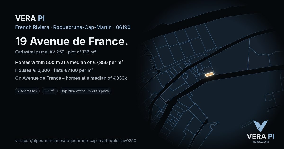 19 Avenue de France, Roquebrune-Cap-Martin at night – the plot lit, the parcels around coloured by the prices near them