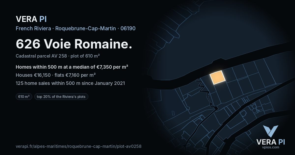 626 Voie Romaine, Roquebrune-Cap-Martin at night – the plot lit, the parcels around coloured by the prices near them
