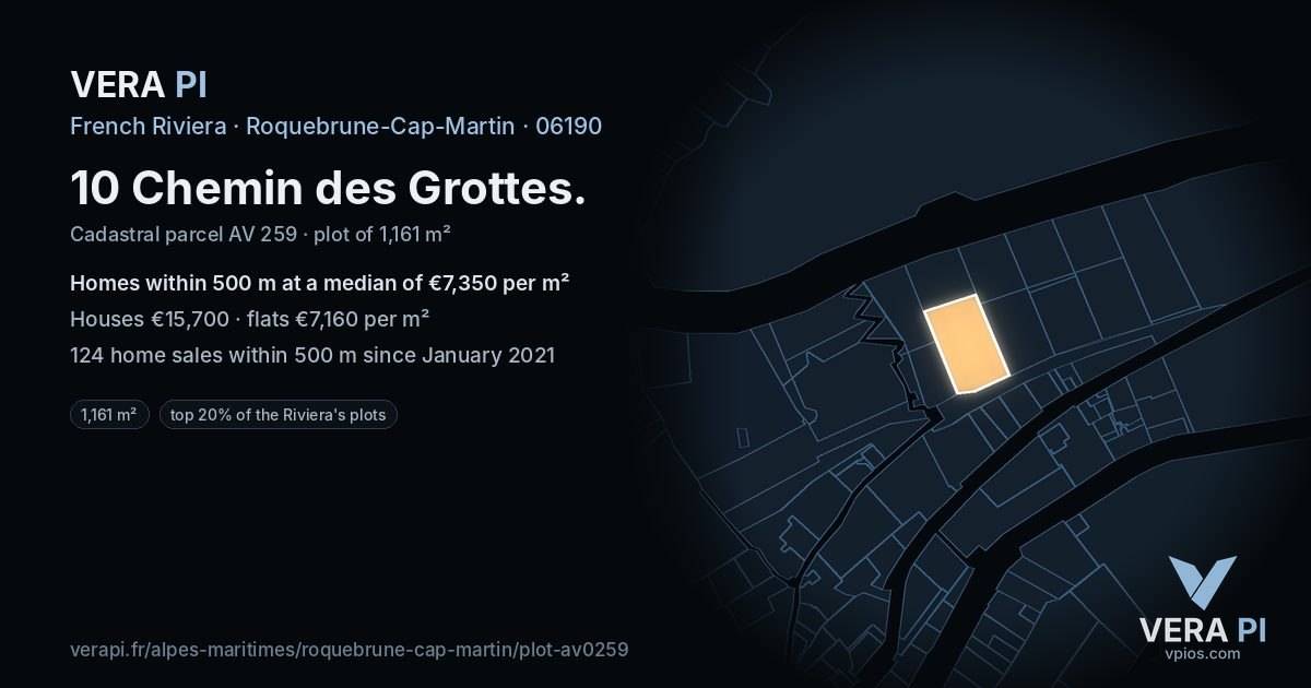 10 Chemin des Grottes, Roquebrune-Cap-Martin at night – the plot lit, the parcels around coloured by the prices near them