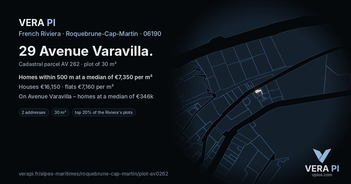 29 Avenue Varavilla, Roquebrune-Cap-Martin at night – the plot lit, the parcels around coloured by the prices near them