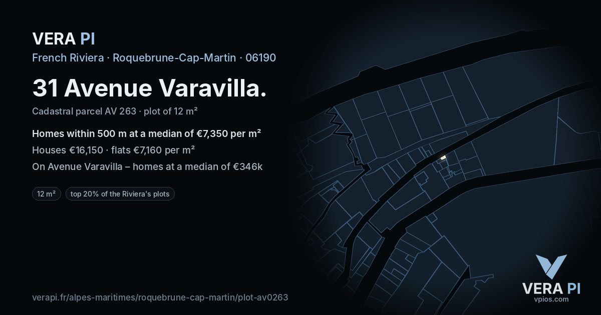 31 Avenue Varavilla, Roquebrune-Cap-Martin at night – the plot lit, the parcels around coloured by the prices near them