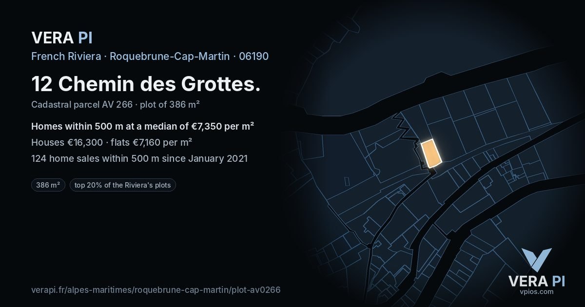 12 Chemin des Grottes, Roquebrune-Cap-Martin at night – the plot lit, the parcels around coloured by the prices near them