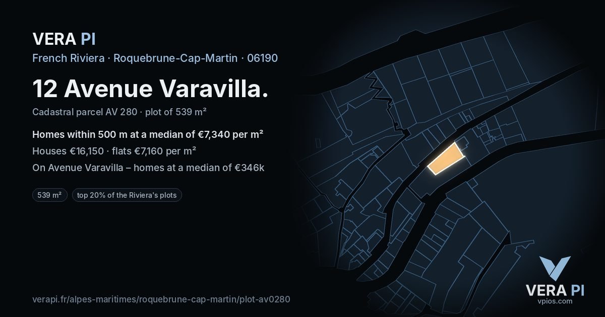 12 Avenue Varavilla, Roquebrune-Cap-Martin at night – the plot lit, the parcels around coloured by the prices near them