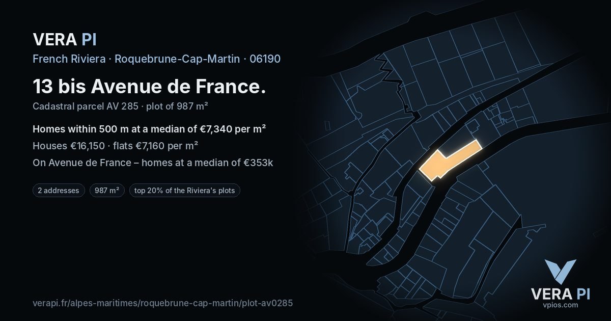 13 bis Avenue de France, Roquebrune-Cap-Martin at night – the plot lit, the parcels around coloured by the prices near them