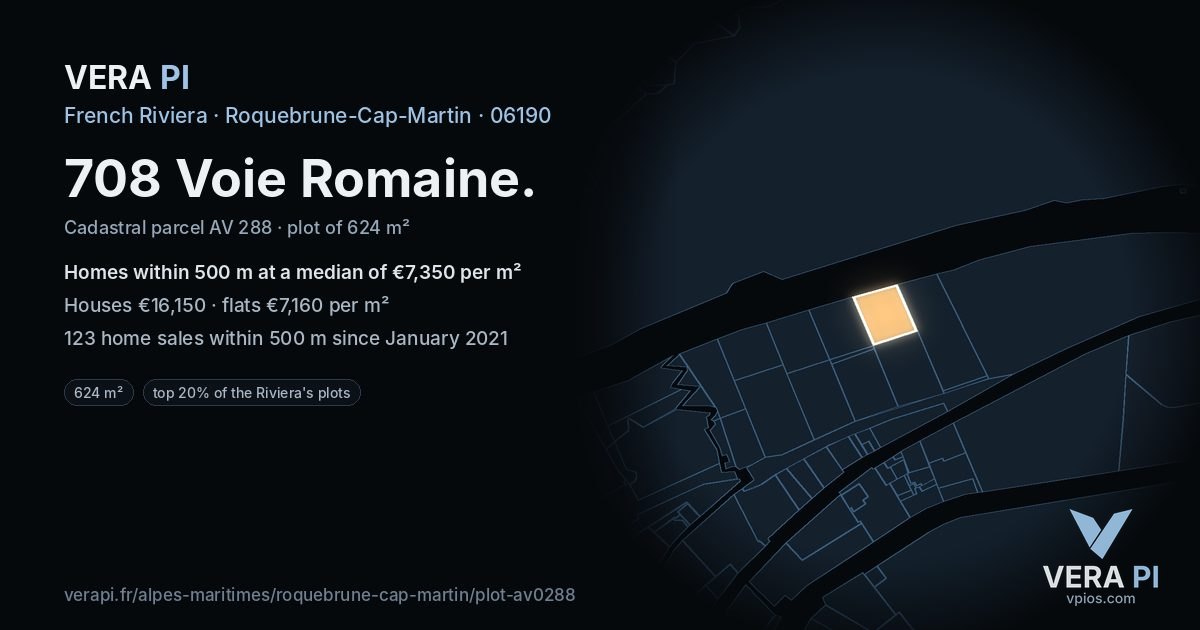 708 Voie Romaine, Roquebrune-Cap-Martin at night – the plot lit, the parcels around coloured by the prices near them