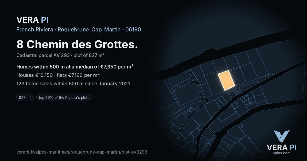 8 Chemin des Grottes, Roquebrune-Cap-Martin at night – the plot lit, the parcels around coloured by the prices near them