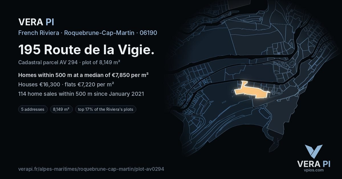 195 Route de la Vigie, Roquebrune-Cap-Martin at night – the plot lit, the parcels around coloured by the prices near them