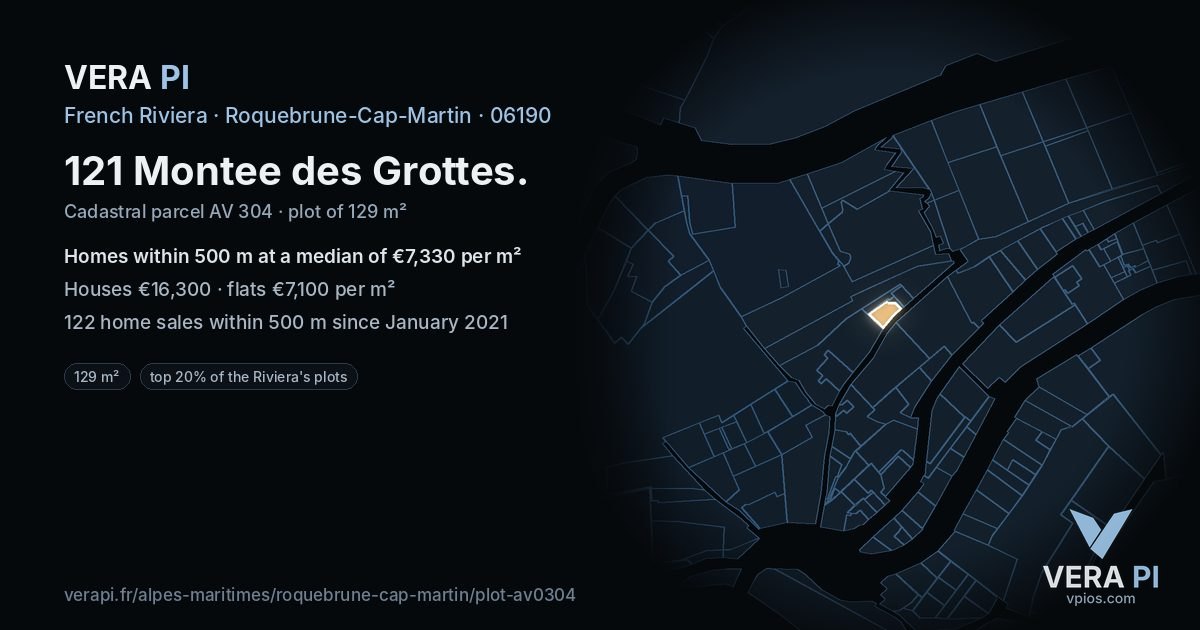 121 Montee des Grottes, Roquebrune-Cap-Martin at night – the plot lit, the parcels around coloured by the prices near them