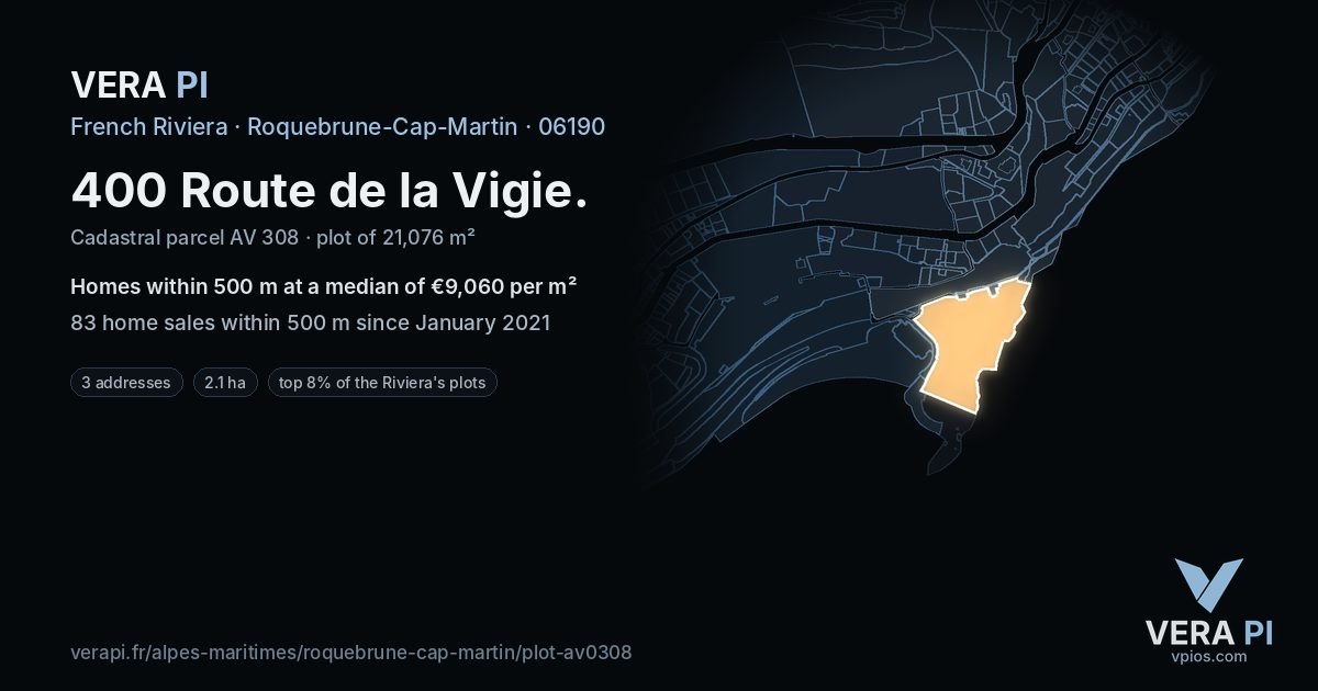 400 Route de la Vigie, Roquebrune-Cap-Martin at night – the plot lit, the parcels around coloured by the prices near them
