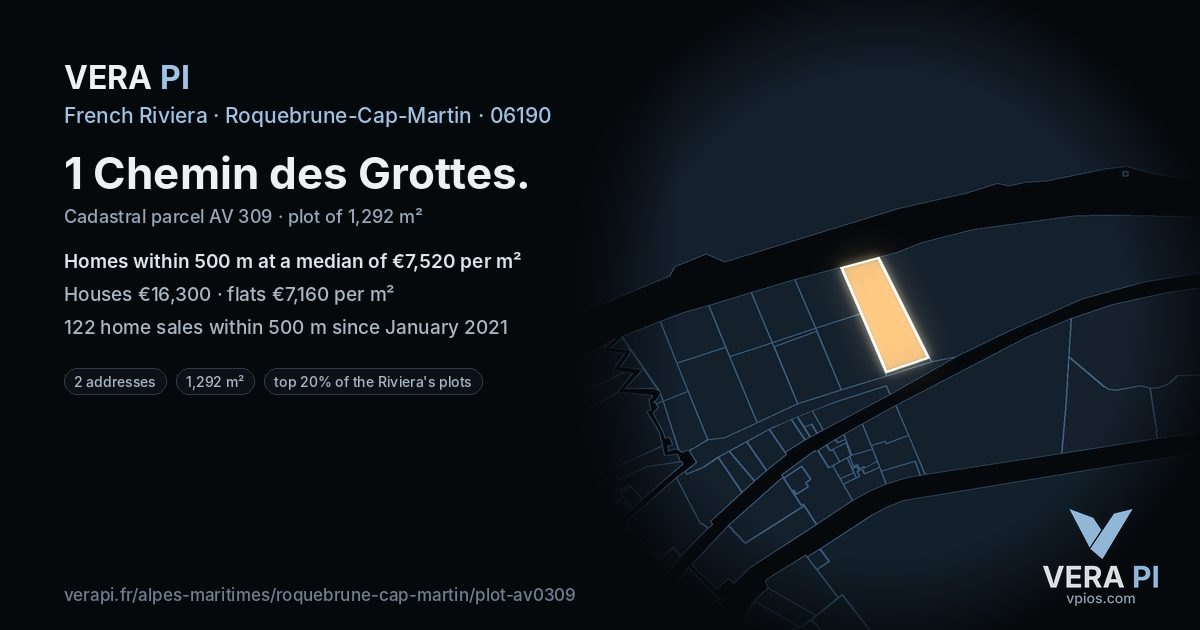 1 Chemin des Grottes, Roquebrune-Cap-Martin at night – the plot lit, the parcels around coloured by the prices near them