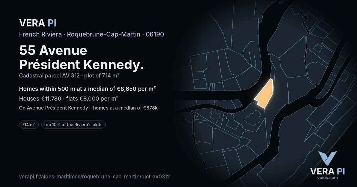 55 Avenue Président Kennedy, Roquebrune-Cap-Martin at night – the plot lit, the parcels around coloured by the prices near them