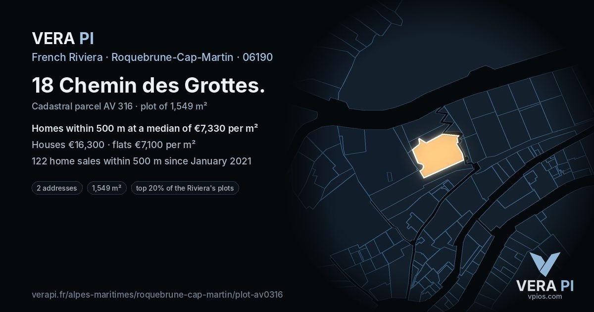 18 Chemin des Grottes, Roquebrune-Cap-Martin at night – the plot lit, the parcels around coloured by the prices near them