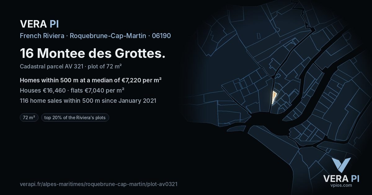 16 Montee des Grottes, Roquebrune-Cap-Martin at night – the plot lit, the parcels around coloured by the prices near them