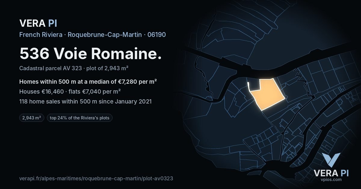 536 Voie Romaine, Roquebrune-Cap-Martin at night – the plot lit, the parcels around coloured by the prices near them