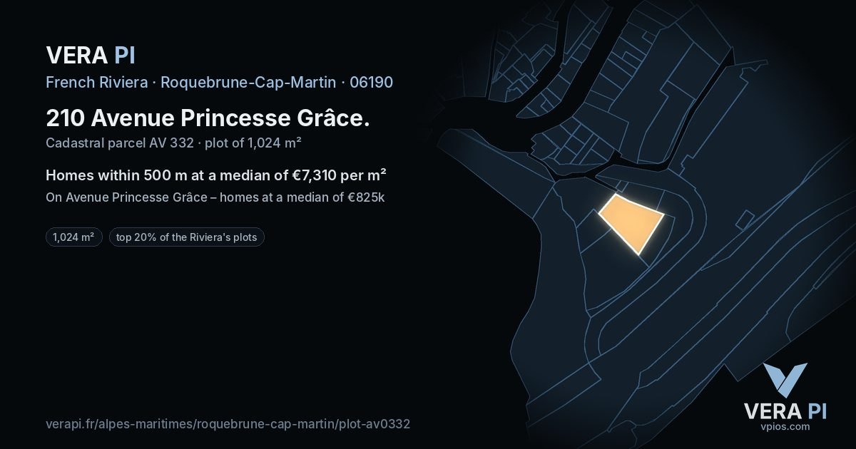 210 Avenue Princesse Grâce, Roquebrune-Cap-Martin at night – the plot lit, the parcels around coloured by the prices near them