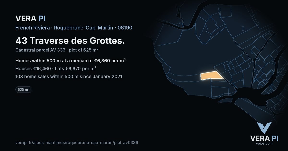43 Traverse des Grottes, Roquebrune-Cap-Martin at night – the plot lit, the parcels around coloured by the prices near them