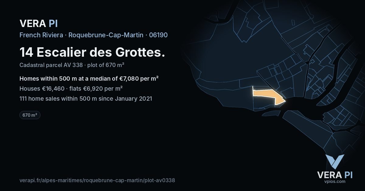 14 Escalier des Grottes, Roquebrune-Cap-Martin at night – the plot lit, the parcels around coloured by the prices near them