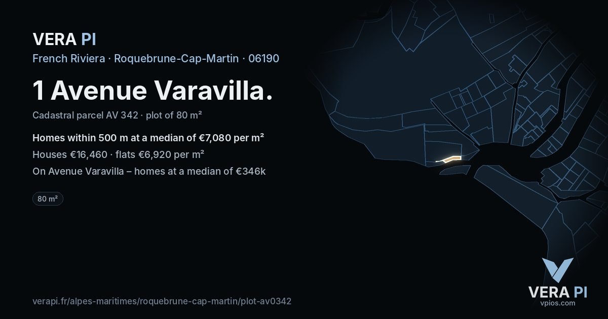 1 Avenue Varavilla, Roquebrune-Cap-Martin at night – the plot lit, the parcels around coloured by the prices near them