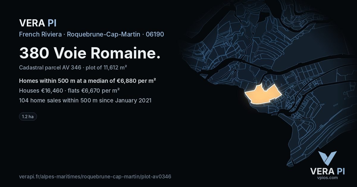 380 Voie Romaine, Roquebrune-Cap-Martin at night – the plot lit, the parcels around coloured by the prices near them