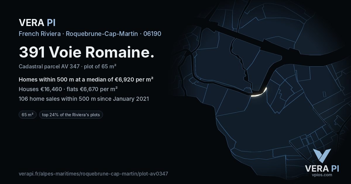 391 Voie Romaine, Roquebrune-Cap-Martin at night – the plot lit, the parcels around coloured by the prices near them