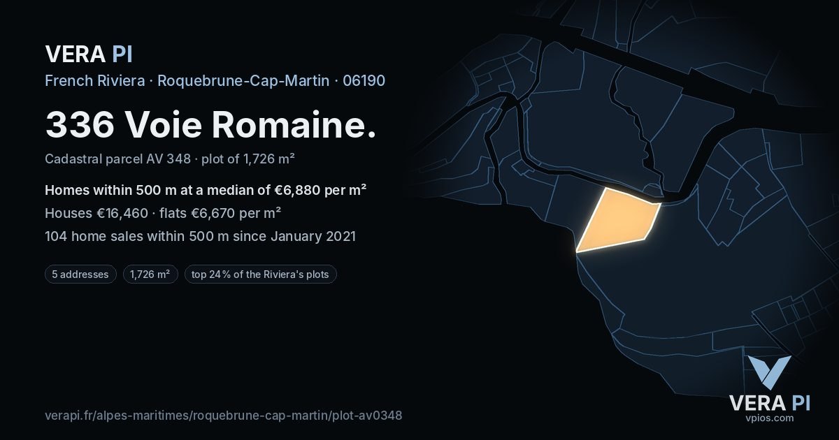 336 Voie Romaine, Roquebrune-Cap-Martin at night – the plot lit, the parcels around coloured by the prices near them