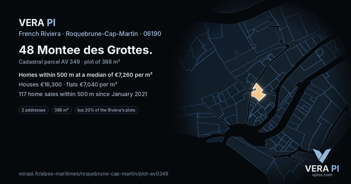 48 Montee des Grottes, Roquebrune-Cap-Martin at night – the plot lit, the parcels around coloured by the prices near them