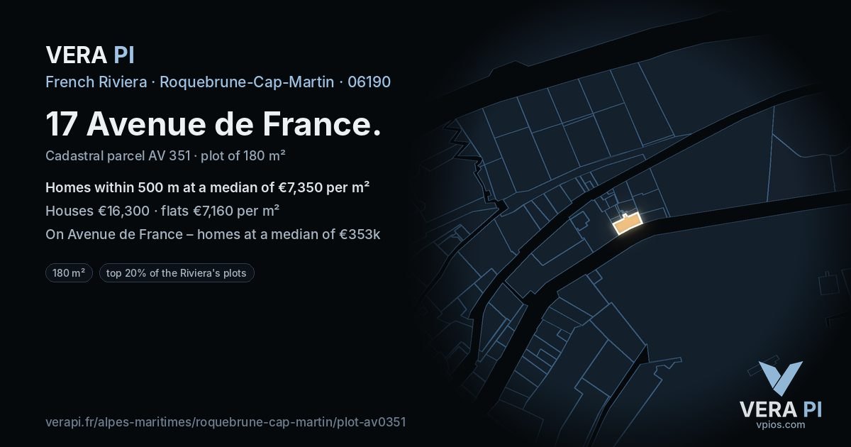 17 Avenue de France, Roquebrune-Cap-Martin at night – the plot lit, the parcels around coloured by the prices near them