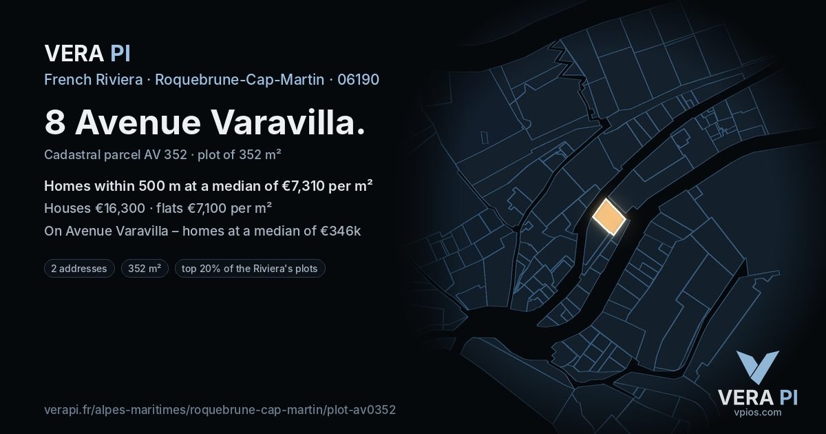 8 Avenue Varavilla, Roquebrune-Cap-Martin at night – the plot lit, the parcels around coloured by the prices near them