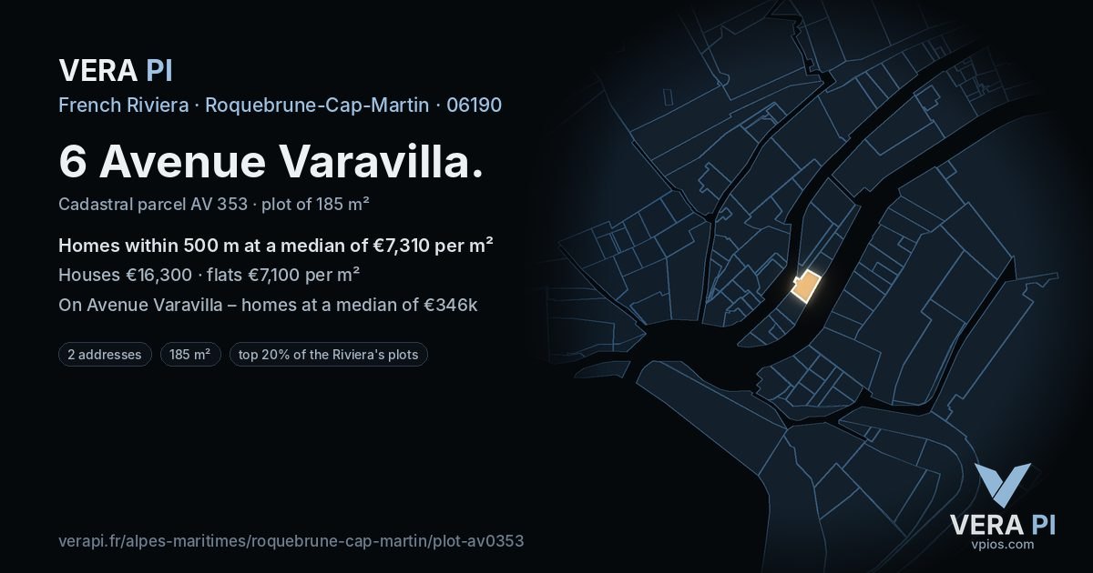 6 Avenue Varavilla, Roquebrune-Cap-Martin at night – the plot lit, the parcels around coloured by the prices near them