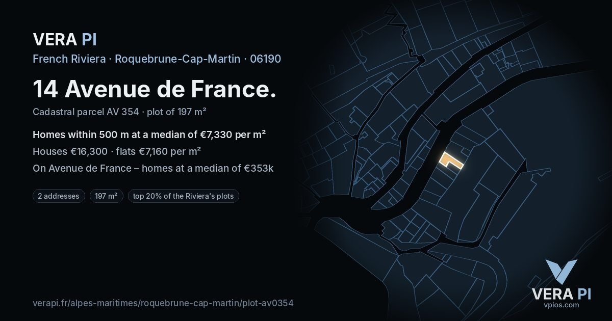 14 Avenue de France, Roquebrune-Cap-Martin at night – the plot lit, the parcels around coloured by the prices near them
