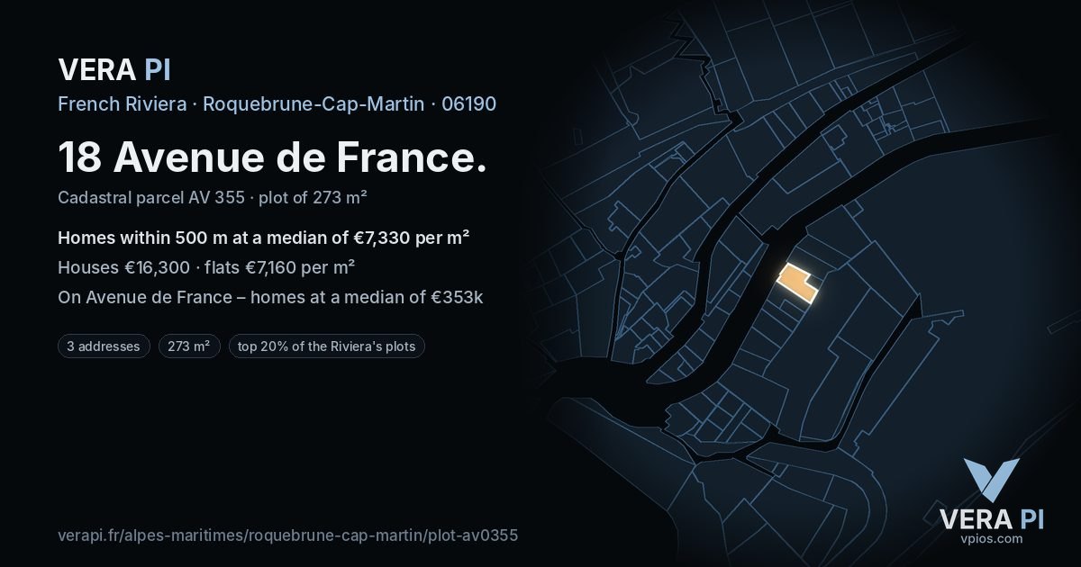 18 Avenue de France, Roquebrune-Cap-Martin at night – the plot lit, the parcels around coloured by the prices near them