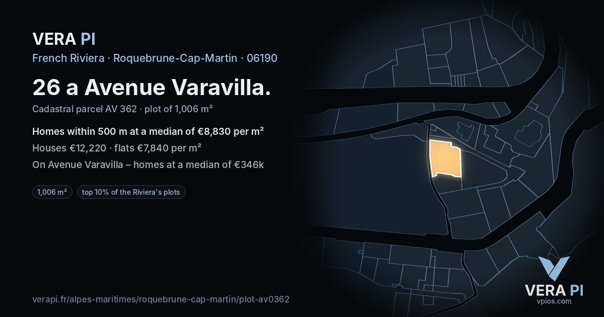 26 a Avenue Varavilla, Roquebrune-Cap-Martin at night – the plot lit, the parcels around coloured by the prices near them