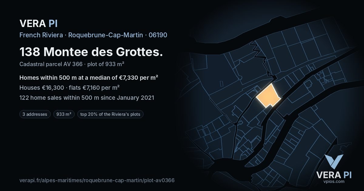 138 Montee des Grottes, Roquebrune-Cap-Martin at night – the plot lit, the parcels around coloured by the prices near them