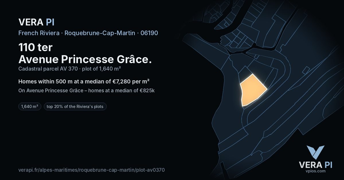 110 ter Avenue Princesse Grâce, Roquebrune-Cap-Martin at night – the plot lit, the parcels around coloured by the prices near them