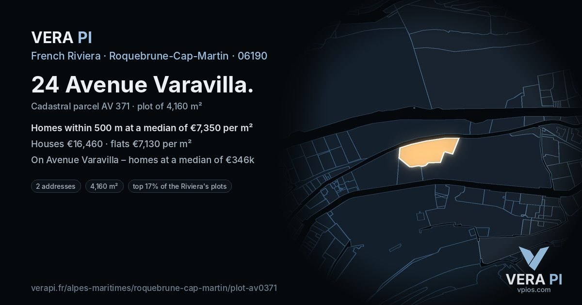 24 Avenue Varavilla, Roquebrune-Cap-Martin at night – the plot lit, the parcels around coloured by the prices near them