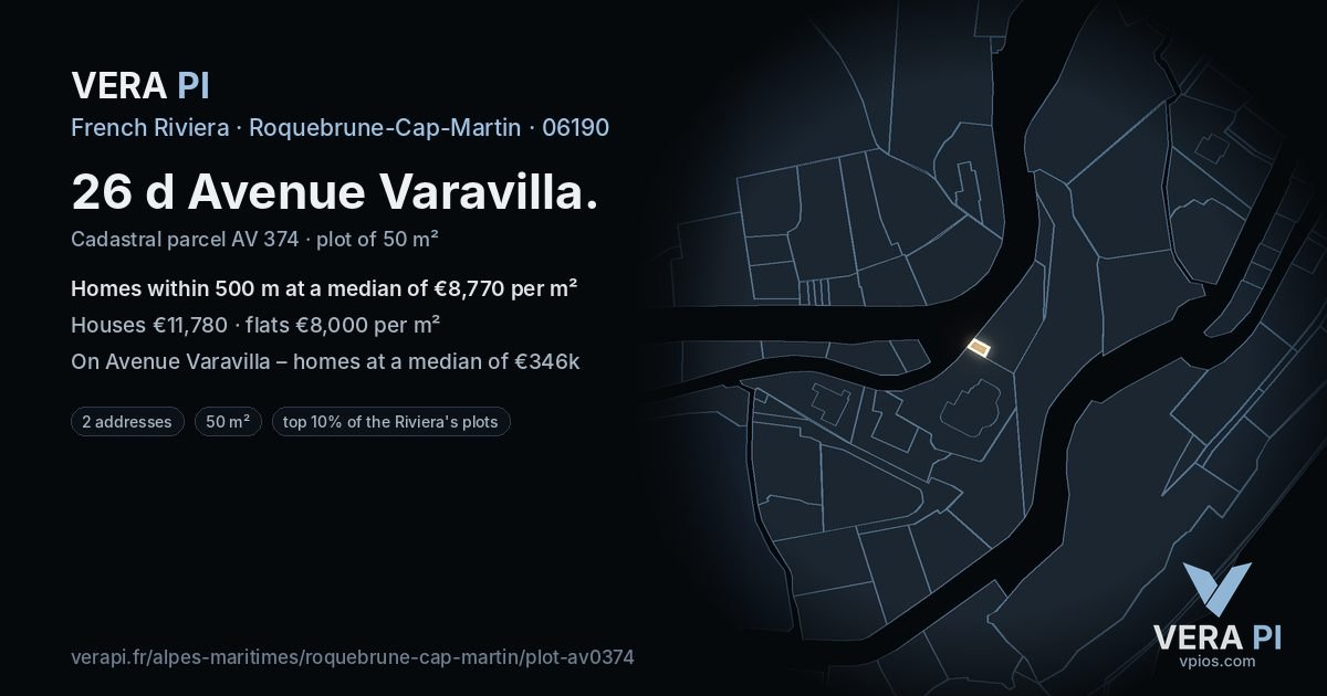 26 d Avenue Varavilla, Roquebrune-Cap-Martin at night – the plot lit, the parcels around coloured by the prices near them