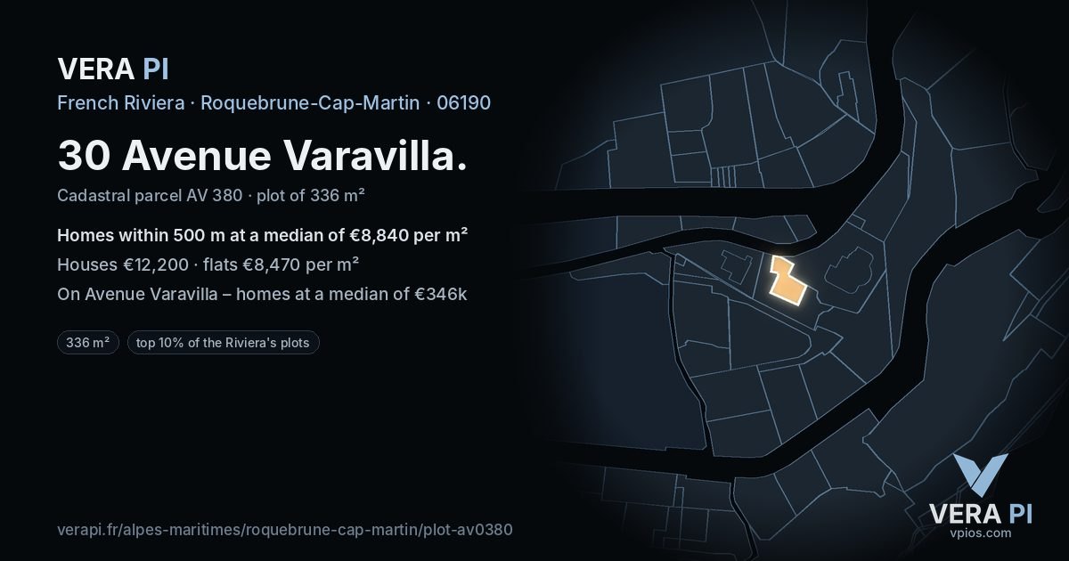 30 Avenue Varavilla, Roquebrune-Cap-Martin at night – the plot lit, the parcels around coloured by the prices near them