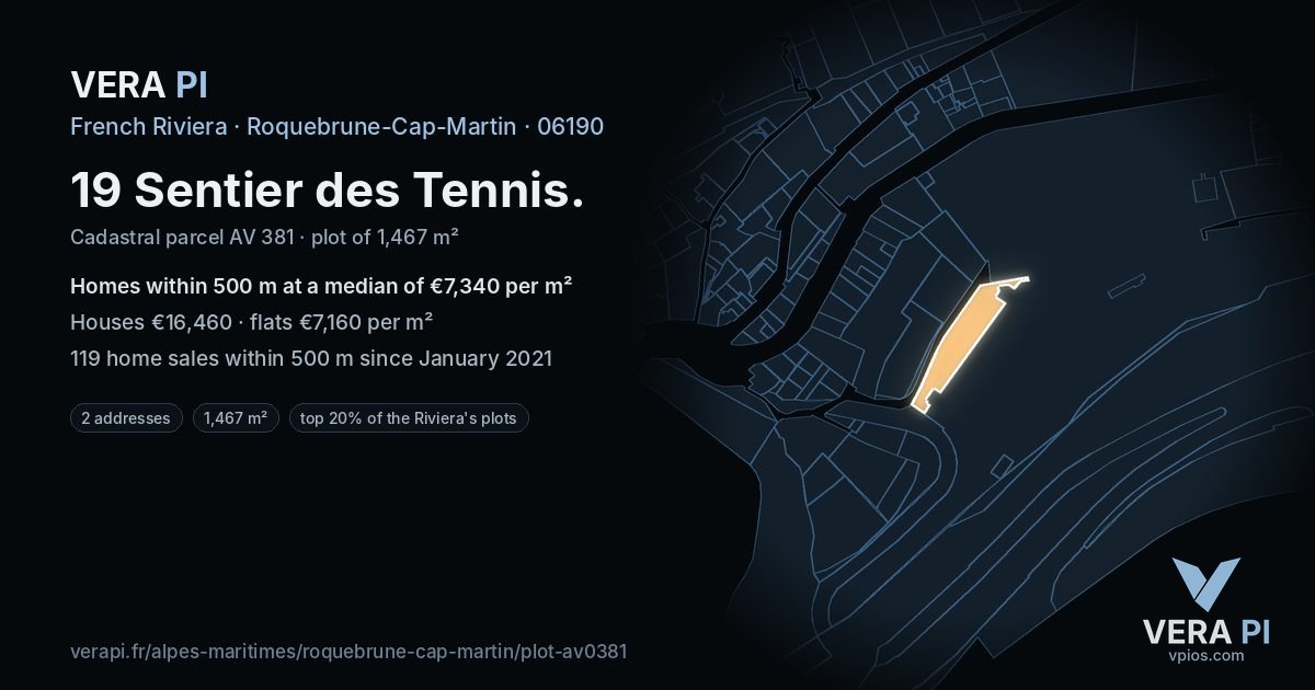 19 Sentier des Tennis, Roquebrune-Cap-Martin at night – the plot lit, the parcels around coloured by the prices near them