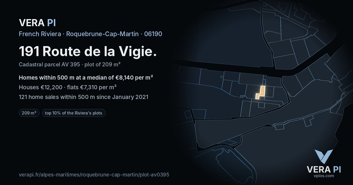 191 Route de la Vigie, Roquebrune-Cap-Martin at night – the plot lit, the parcels around coloured by the prices near them