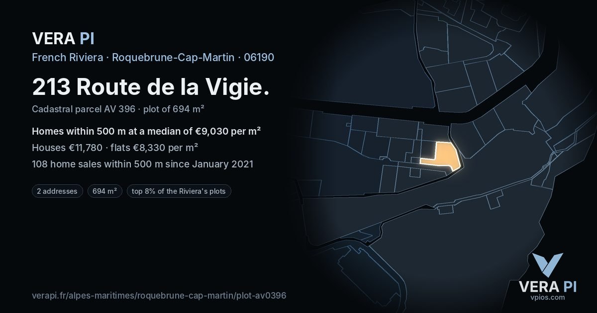 213 Route de la Vigie, Roquebrune-Cap-Martin at night – the plot lit, the parcels around coloured by the prices near them