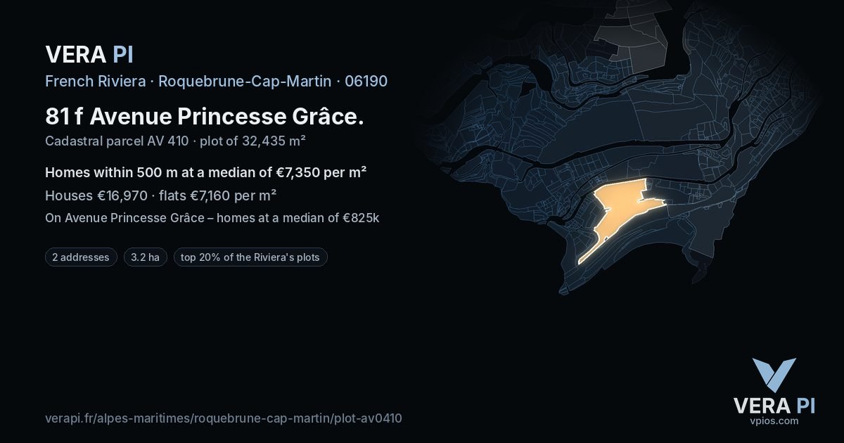81 f Avenue Princesse Grâce, Roquebrune-Cap-Martin at night – the plot lit, the parcels around coloured by the prices near them