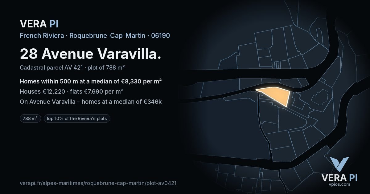 28 Avenue Varavilla, Roquebrune-Cap-Martin at night – the plot lit, the parcels around coloured by the prices near them